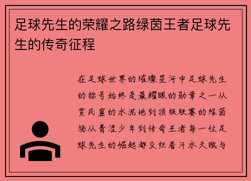 足球先生的荣耀之路绿茵王者足球先生的传奇征程