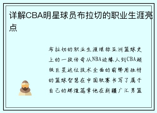 详解CBA明星球员布拉切的职业生涯亮点